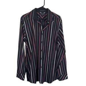 Austin Reed Navy Blue & Red Striped Collared Button Down Shirt Men Sz M